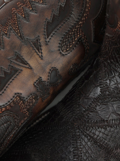 Women's Corral Chocolate Genuine Python Boots with Patchwork & Eagle Overlay