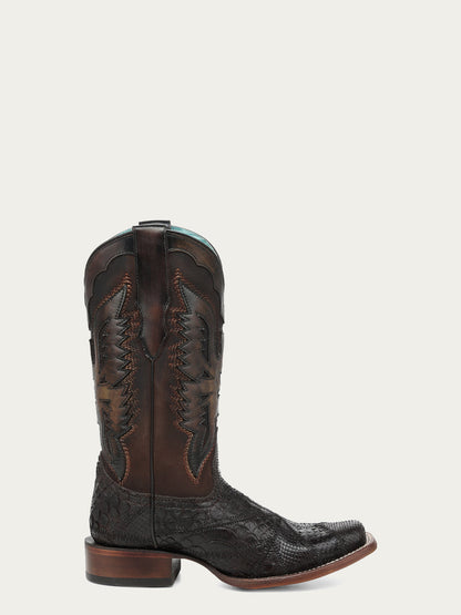 Women's Corral Chocolate Genuine Python Boots with Patchwork & Eagle Overlay
