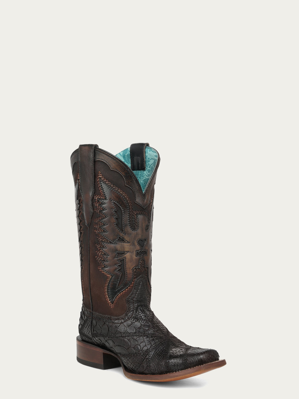 Women's Corral Chocolate Genuine Python Boots with Patchwork & Eagle Overlay