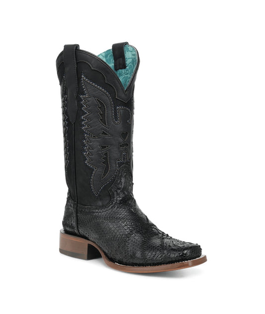 Women's Corral Black Genuine Python Boots with Patchwork & Eagle Overlay