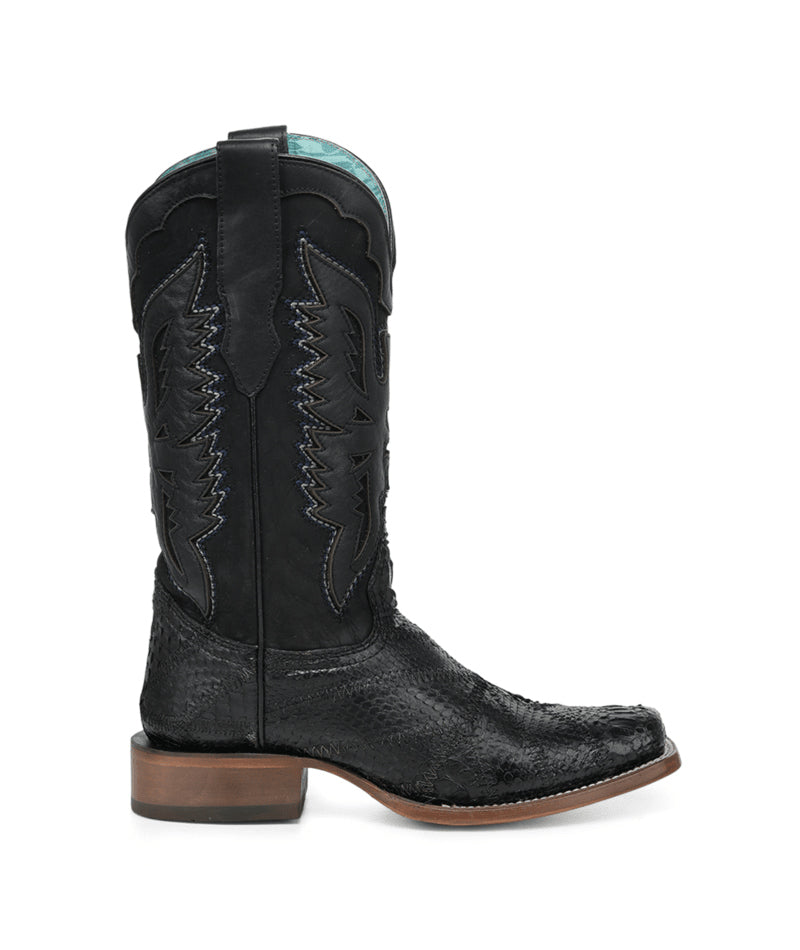 Women's Corral Black Genuine Python Boots with Patchwork & Eagle Overlay