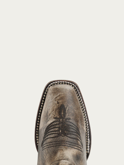 Women's Corral Distressed Brown Genuine Leather Boots with Horseshoe Design, Studs, and Metallic Welt
