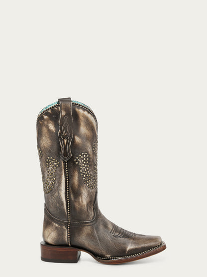 Women's Corral Distressed Brown Genuine Leather Boots with Horseshoe Design, Studs, and Metallic Welt