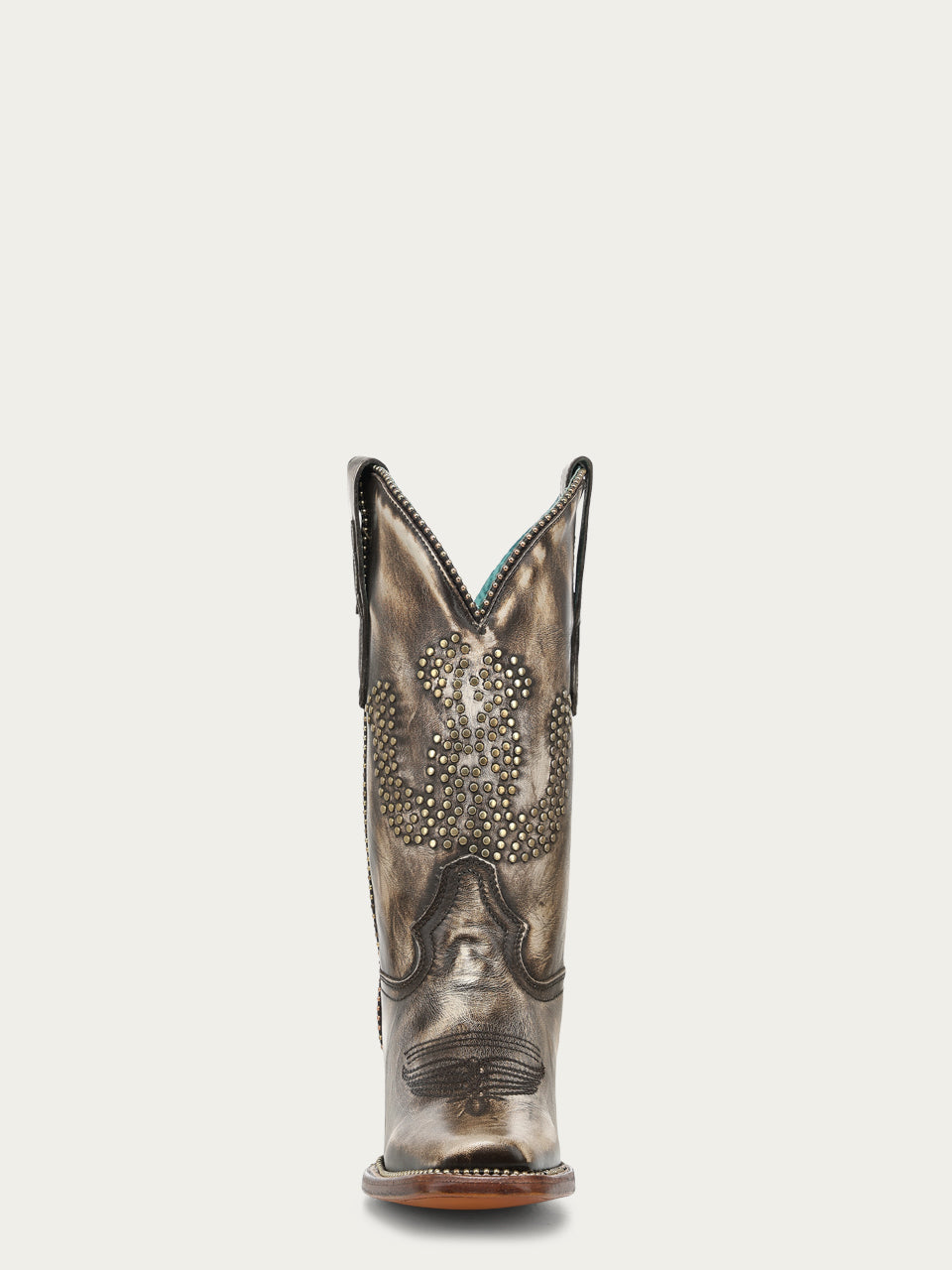 Women's Corral Distressed Brown Genuine Leather Boots with Horseshoe Design, Studs, and Metallic Welt