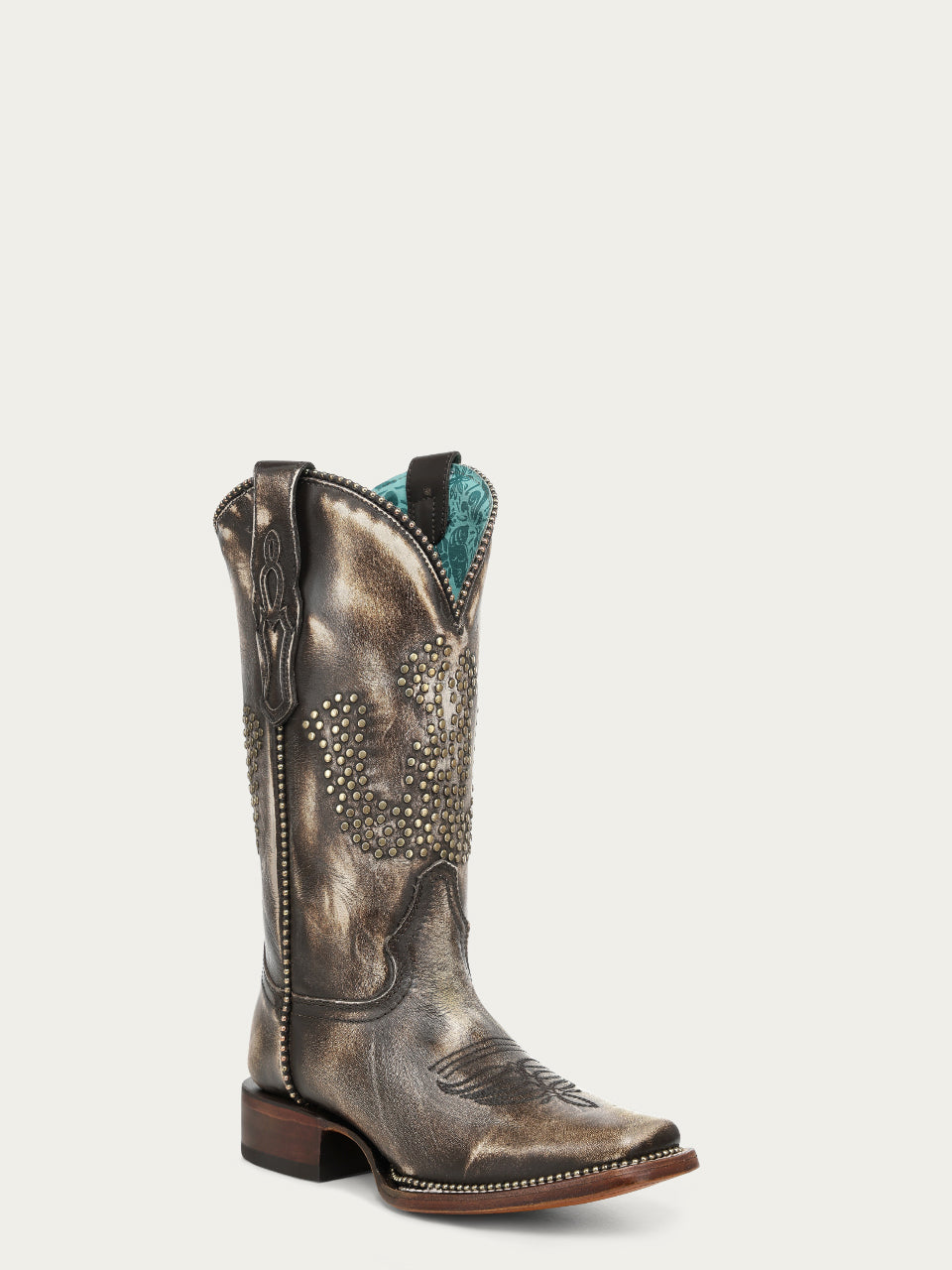 Women's Corral Distressed Brown Genuine Leather Boots with Horseshoe Design, Studs, and Metallic Welt