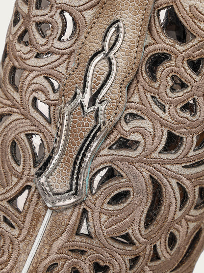 Women's Corral Brown Genuine Leather Boots with Silver Inlay and Floral Embroidery Snip Toe Cowboy Boot
