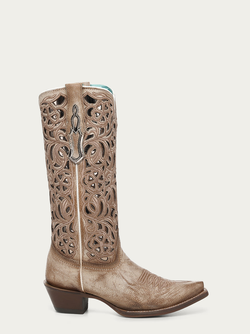 Women's Corral Brown Genuine Leather Boots with Silver Inlay and Floral Embroidery Snip Toe Cowboy Boot