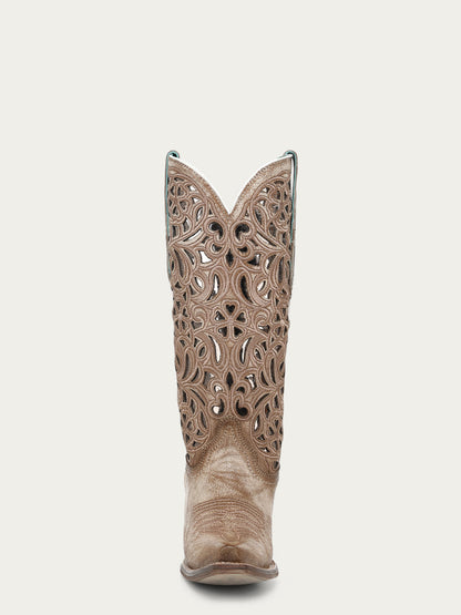 Women's Corral Brown Genuine Leather Boots with Silver Inlay and Floral Embroidery Snip Toe Cowboy Boot