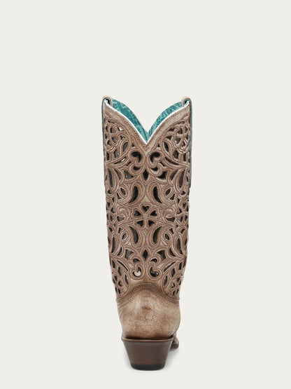 Women's Corral Brown Genuine Leather Boots with Silver Inlay and Floral Embroidery Snip Toe Cowboy Boot
