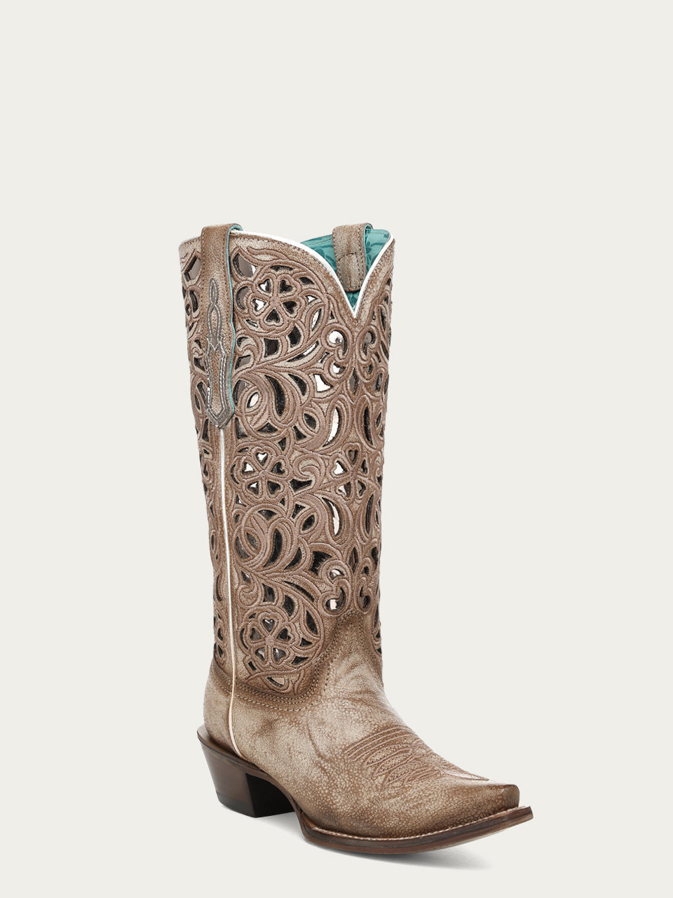 Women's Corral Brown Genuine Leather Boots with Silver Inlay and Floral Embroidery Snip Toe Cowboy Boot