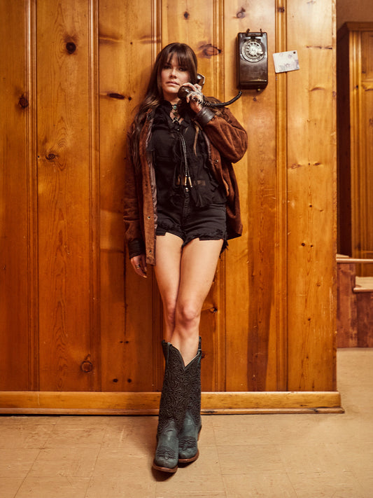 Women's Corral Blue Genuine Leather Boots with Inlay & Flowered Embroidery