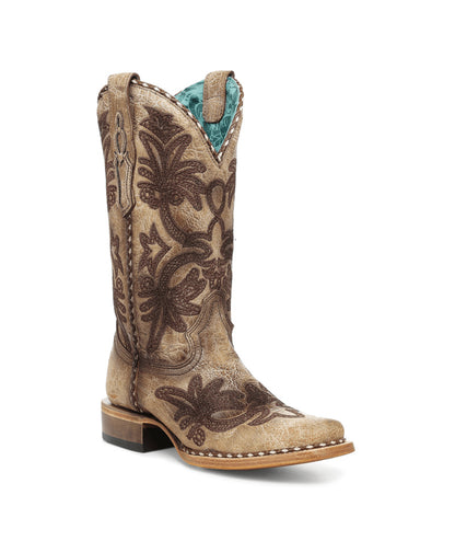 Women's Corral Sand Genuine Leather Boots with Embroidery Pattern & Woven Welt