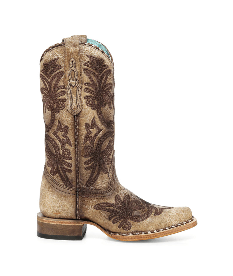 Women's Corral Sand Genuine Leather Boots with Embroidery Pattern & Woven Welt