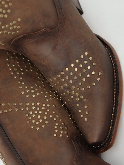 Women's Corral Brown Genuine Leather Boots with Skull Desing Studs & Welt Metallic
