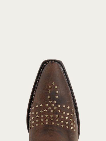 Women's Corral Brown Genuine Leather Boots with Skull Desing Studs & Welt Metallic