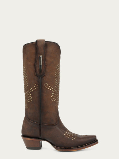 Women's Corral Brown Genuine Leather Boots with Skull Desing Studs & Welt Metallic
