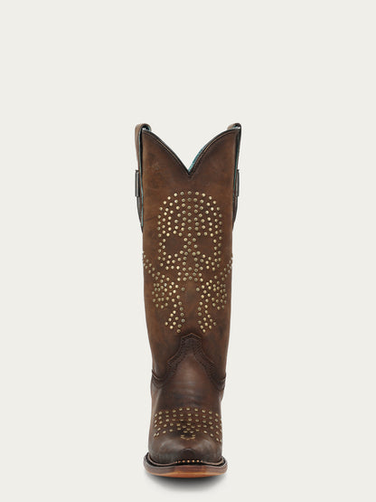 Women's Corral Brown Genuine Leather Boots with Skull Desing Studs & Welt Metallic