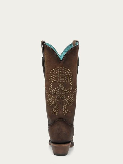 Women's Corral Brown Genuine Leather Boots with Skull Desing Studs & Welt Metallic