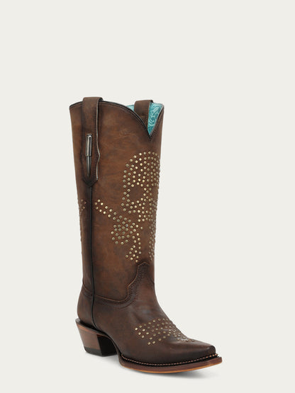 Women's Corral Brown Genuine Leather Boots with Skull Desing Studs & Welt Metallic
