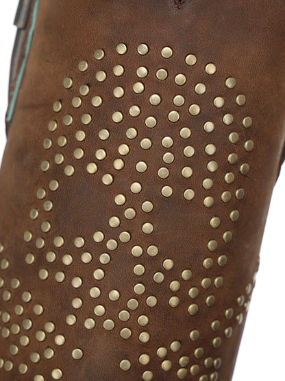 Women's Corral Brown Genuine Leather Boots with Skull Desing Studs & Welt Metallic