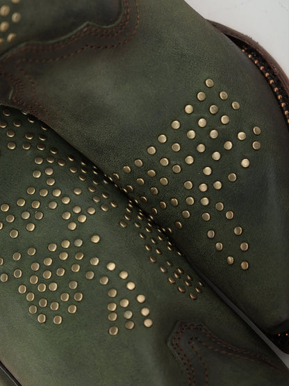 Women's Corral Olive Green Genuine Leather Boots with Skull Design with Studs and Metallic Welt Cowboy Boot
