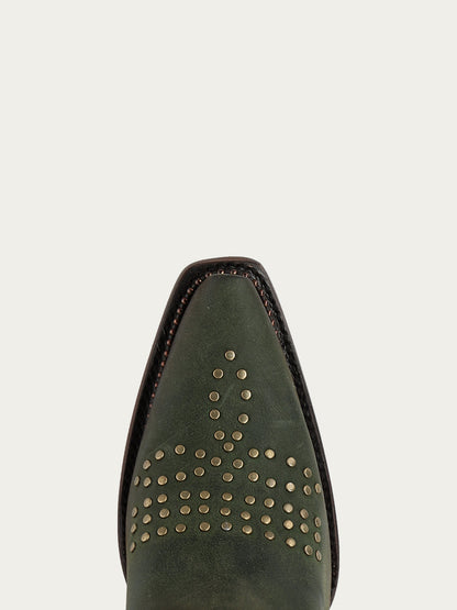 Women's Corral Olive Green Genuine Leather Boots with Skull Design with Studs and Metallic Welt Cowboy Boot