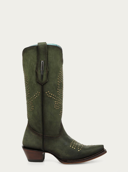 Women's Corral Olive Green Genuine Leather Boots with Skull Design with Studs and Metallic Welt Cowboy Boot