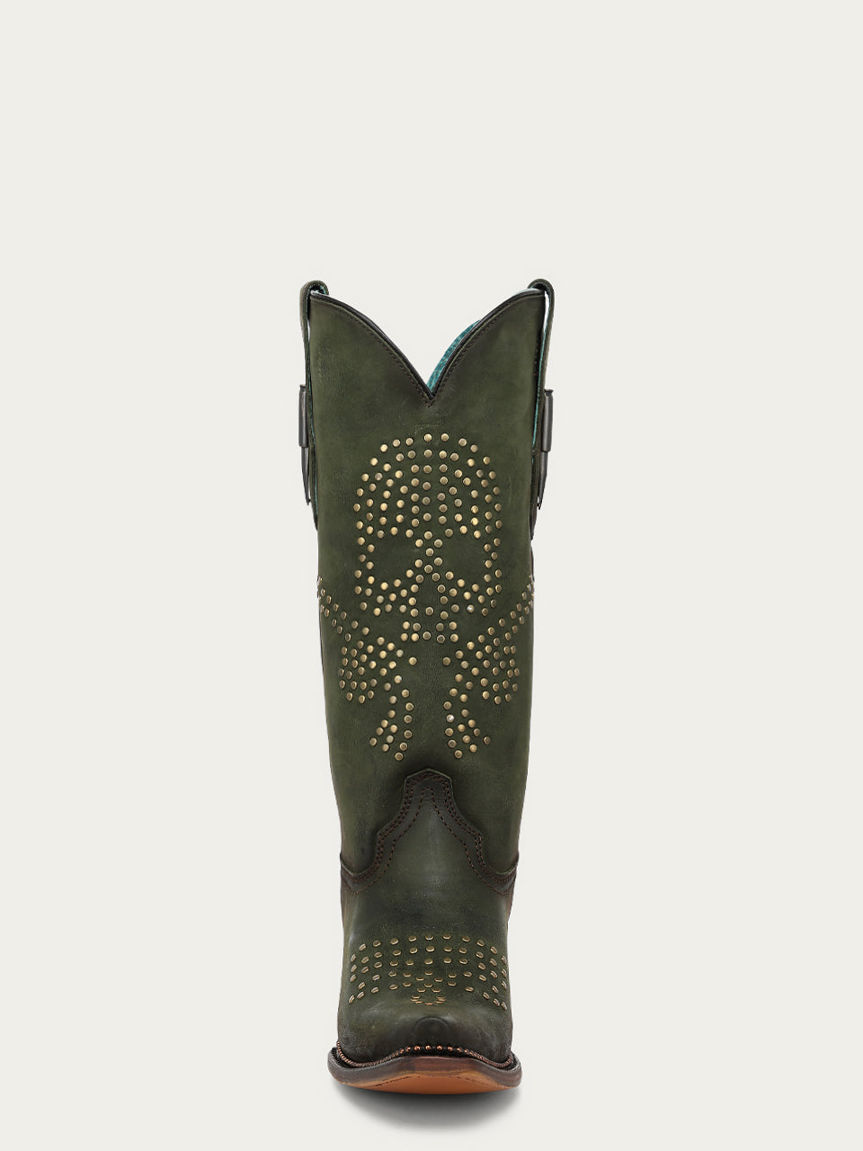 Women's Corral Olive Green Genuine Leather Boots with Skull Design with Studs and Metallic Welt Cowboy Boot