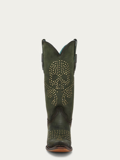 Women's Corral Olive Green Genuine Leather Boots with Skull Design with Studs and Metallic Welt Cowboy Boot