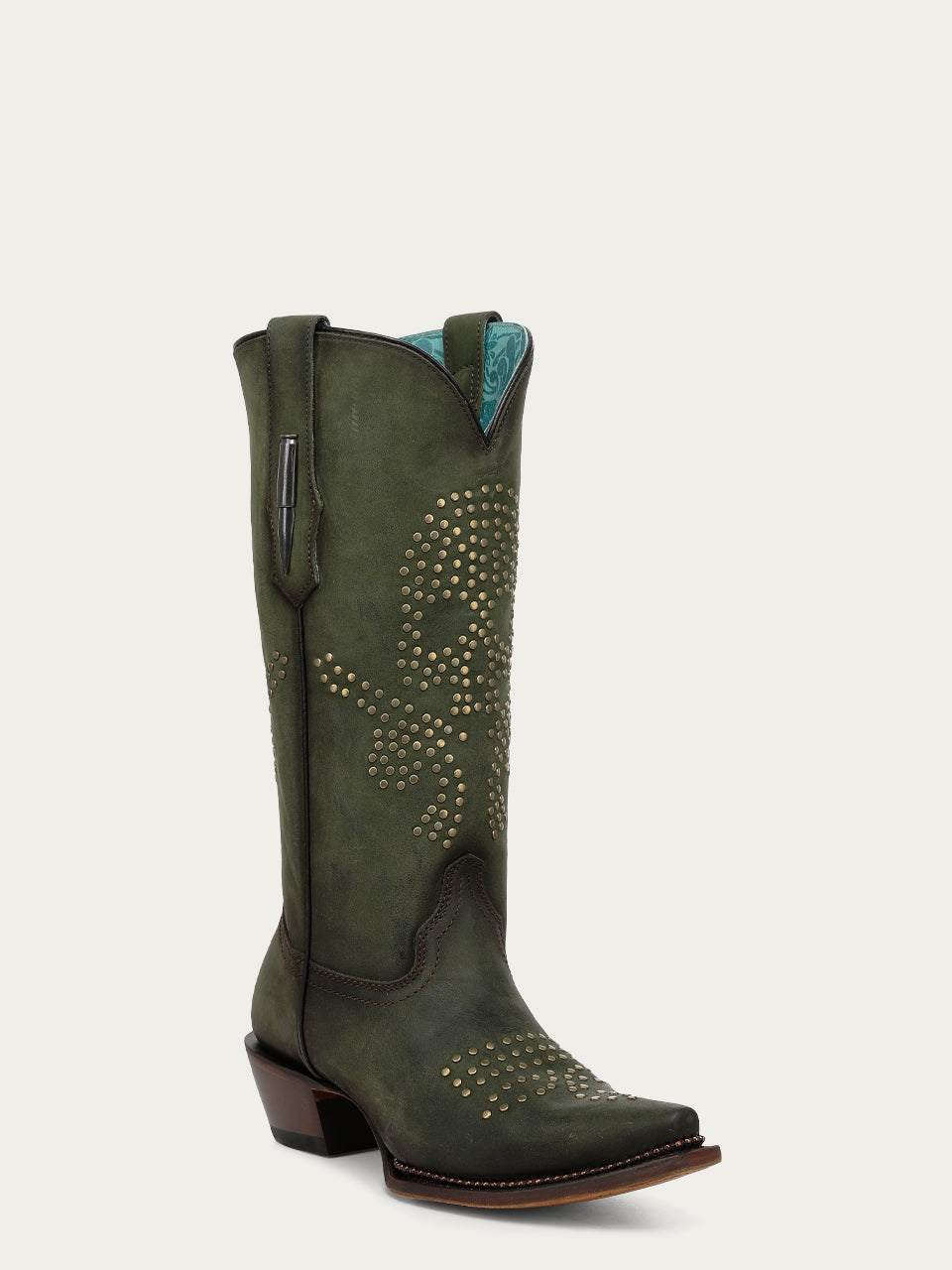 Women's Corral Olive Green Genuine Leather Boots with Skull Design with Studs and Metallic Welt Cowboy Boot