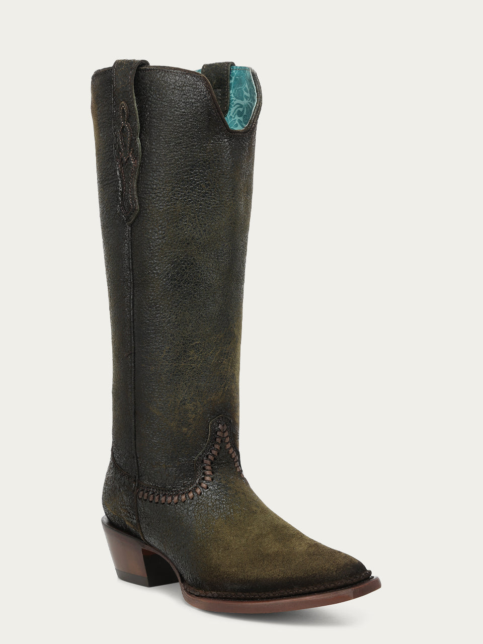 Women's Corral Green Genuine Leather Boots with Woven & Lamb Abstract Tall Top