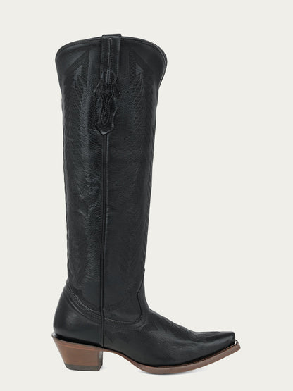 Women's Corral Black Genuine Leather Boots with Serrated Pattern Embroidery Tall Top