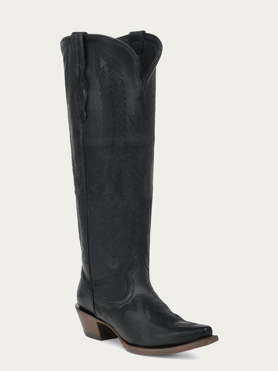 Women's Corral Black Genuine Leather Boots with Serrated Pattern Embroidery Tall Top