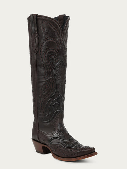 Women's Corral Chocolate Genuine Leather Boots with Raised Woven Embroidery Tall Top