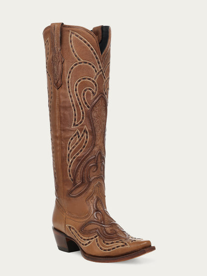 Women's Corral Honey Genuine Leather Boots with Raised Woven Embroidery Tall Top Cowboy Boot