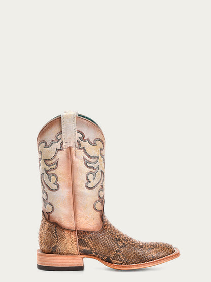 Women's Corral Beige Genuine Python Boots with Taupe Embroidery Wide
