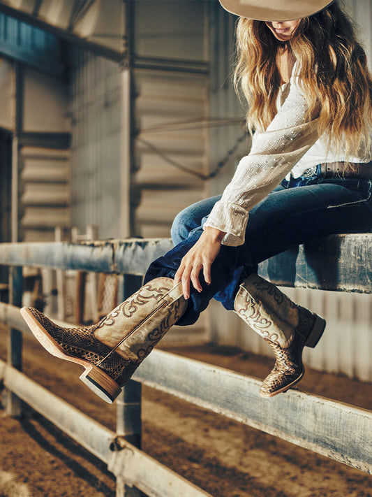Women's Corral Beige Genuine Python Boots with Taupe Embroidery Wide