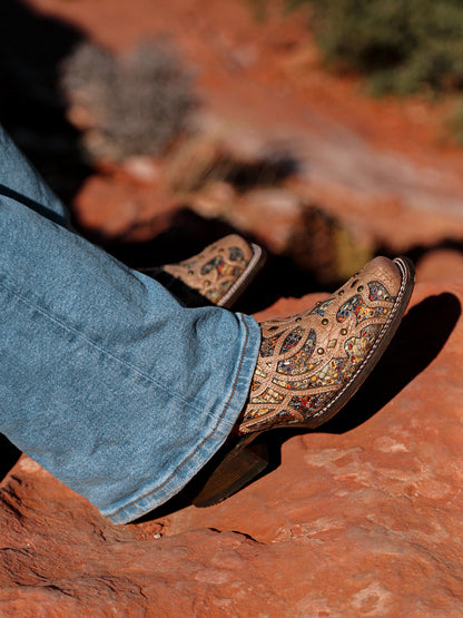 Women's Corral Bone Genuine Leather Boots with Multicolor Inlay & Studs