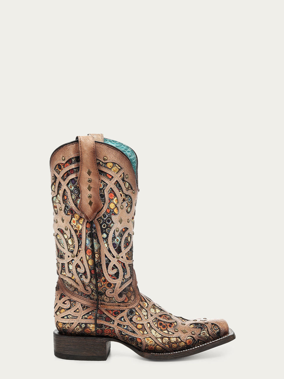 Women's Corral Bone Genuine Leather Boots with Multicolor Inlay & Studs