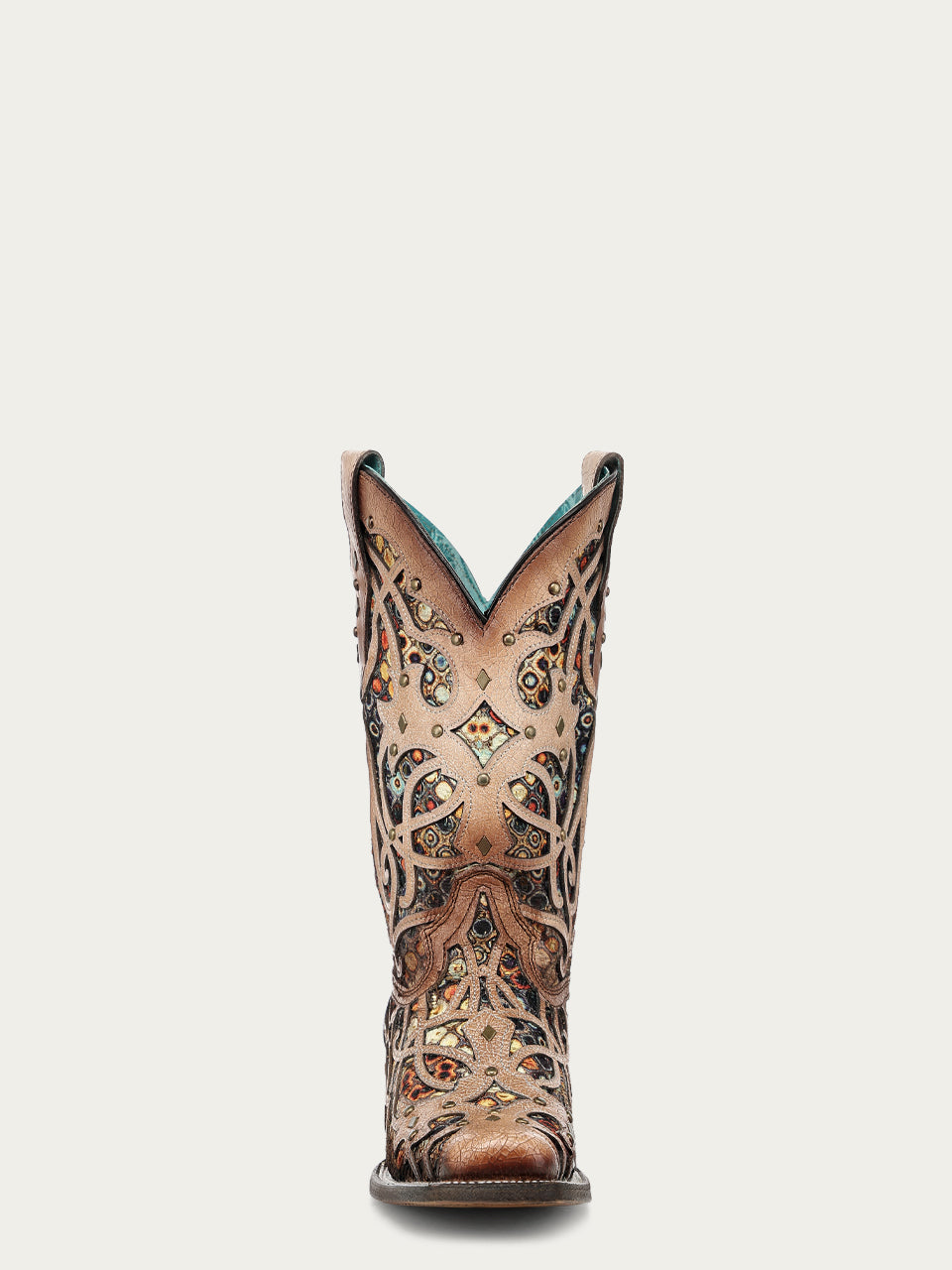 Women's Corral Bone Genuine Leather Boots with Multicolor Inlay & Studs