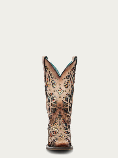 Women's Corral Bone Genuine Leather Boots with Multicolor Inlay & Studs