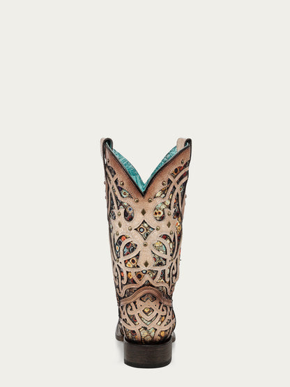 Women's Corral Bone Genuine Leather Boots with Multicolor Inlay & Studs