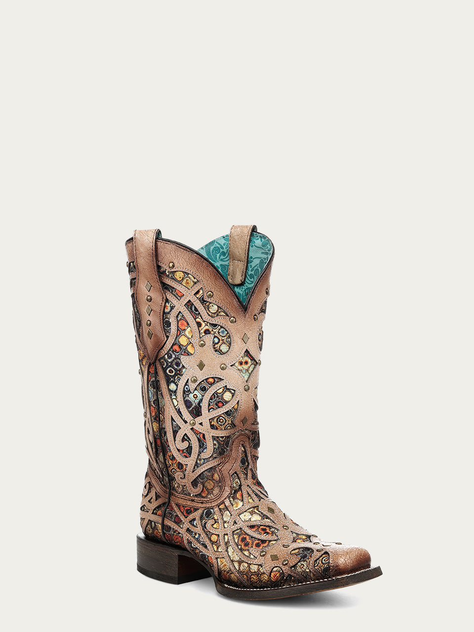 Women's Corral Bone Genuine Leather Boots with Multicolor Inlay & Studs