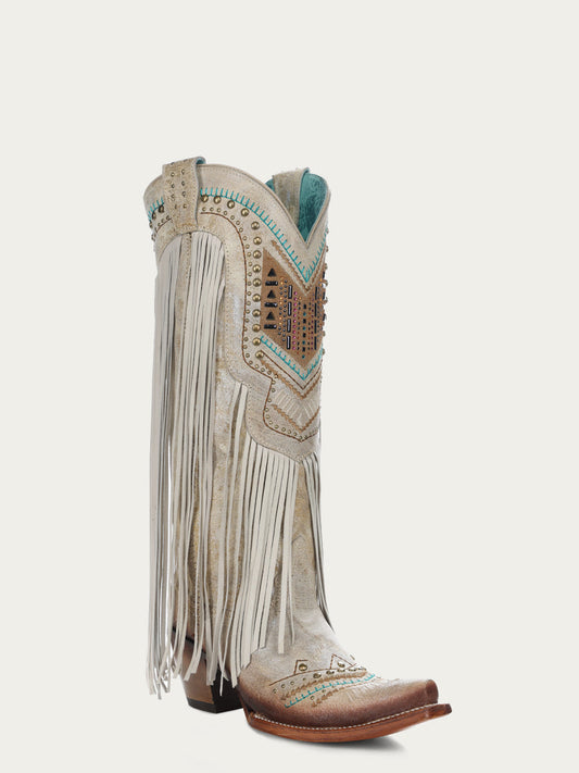 Women's Corral Bone Genuine Leather Boots with Zwarovsky Pattern & Fringes
