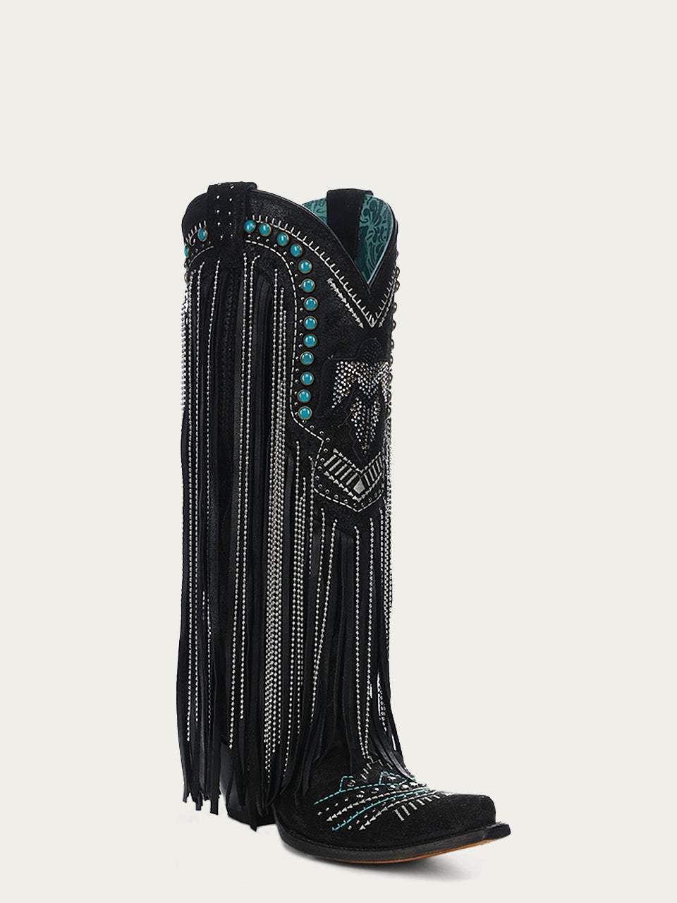 Women's Corral Black Genuine Leather Boots with Embroidery & Crystals Eagle & Lamb Fringes