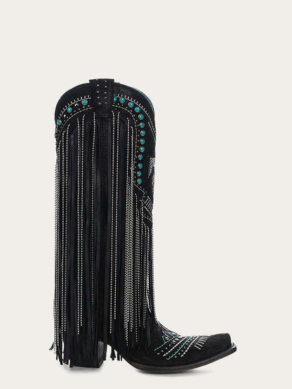 Women's Corral Black Genuine Leather Boots with Embroidery & Crystals Eagle & Lamb Fringes