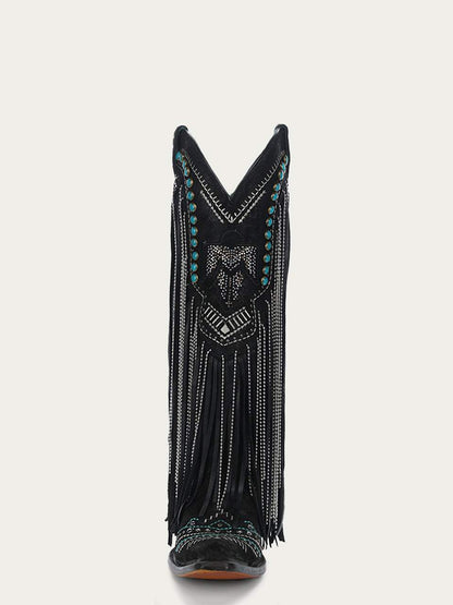 Women's Corral Black Genuine Leather Boots with Embroidery & Crystals Eagle & Lamb Fringes