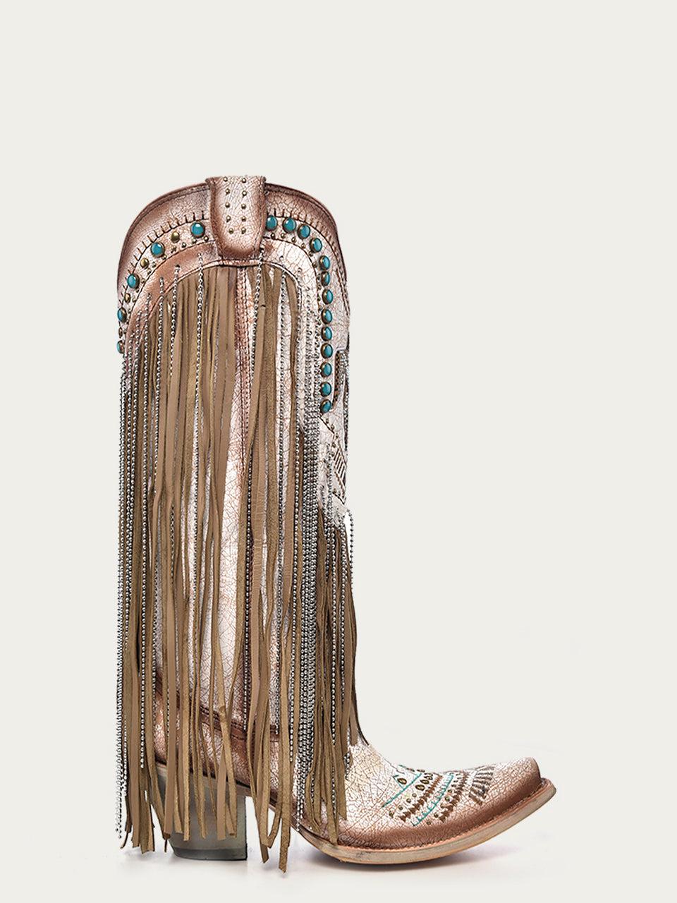 Women's Corral Beige Genuine Leather Boots with Embroidery & Crystals Eagle & Lamb Fringes
