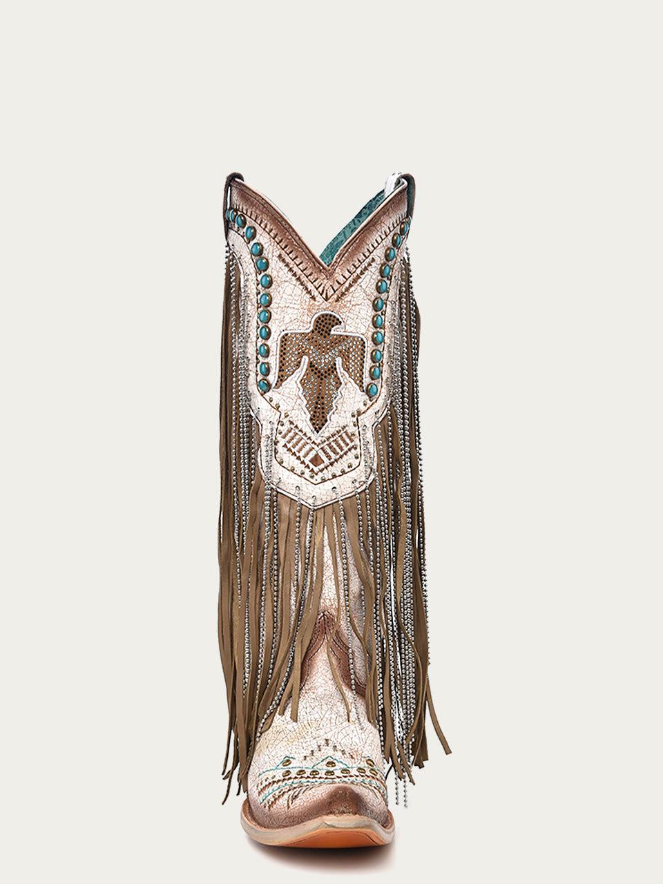 Women's Corral Beige Genuine Leather Boots with Embroidery & Crystals Eagle & Lamb Fringes