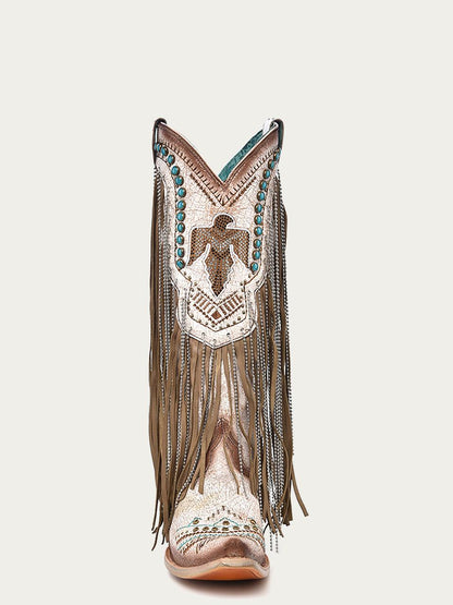 Women's Corral Beige Genuine Leather Boots with Embroidery & Crystals Eagle & Lamb Fringes